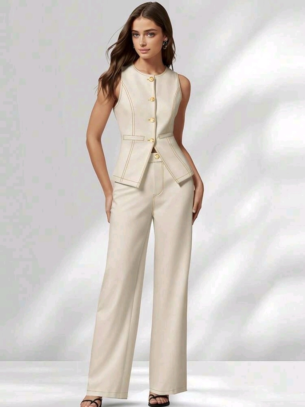 Sleeveless Cream Tailored Vest & Wide-Leg Pants Set